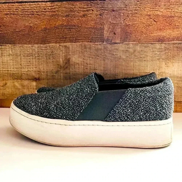 Vince Warren Platform Sneakers Gray Tweed Notched  Vamp Cushioned Slip Ons - Picture 3 of 9